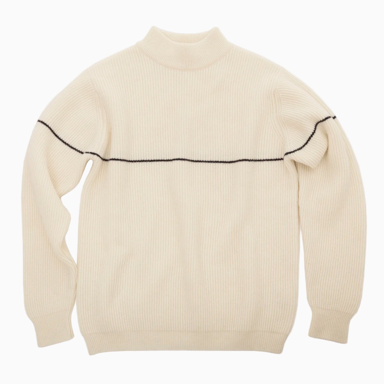 White sweater with a black stripe across the chest