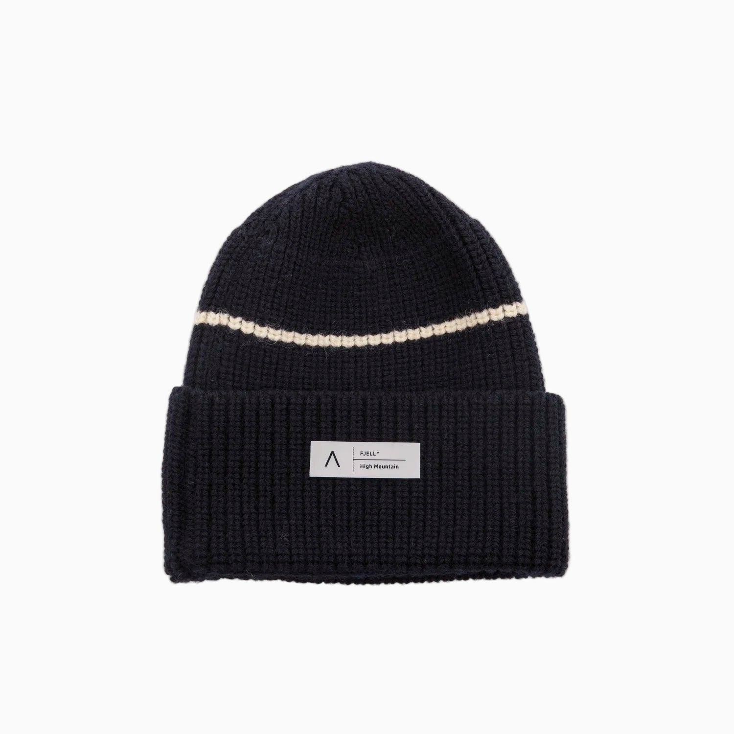 Black beanie with a white stripe on a white background