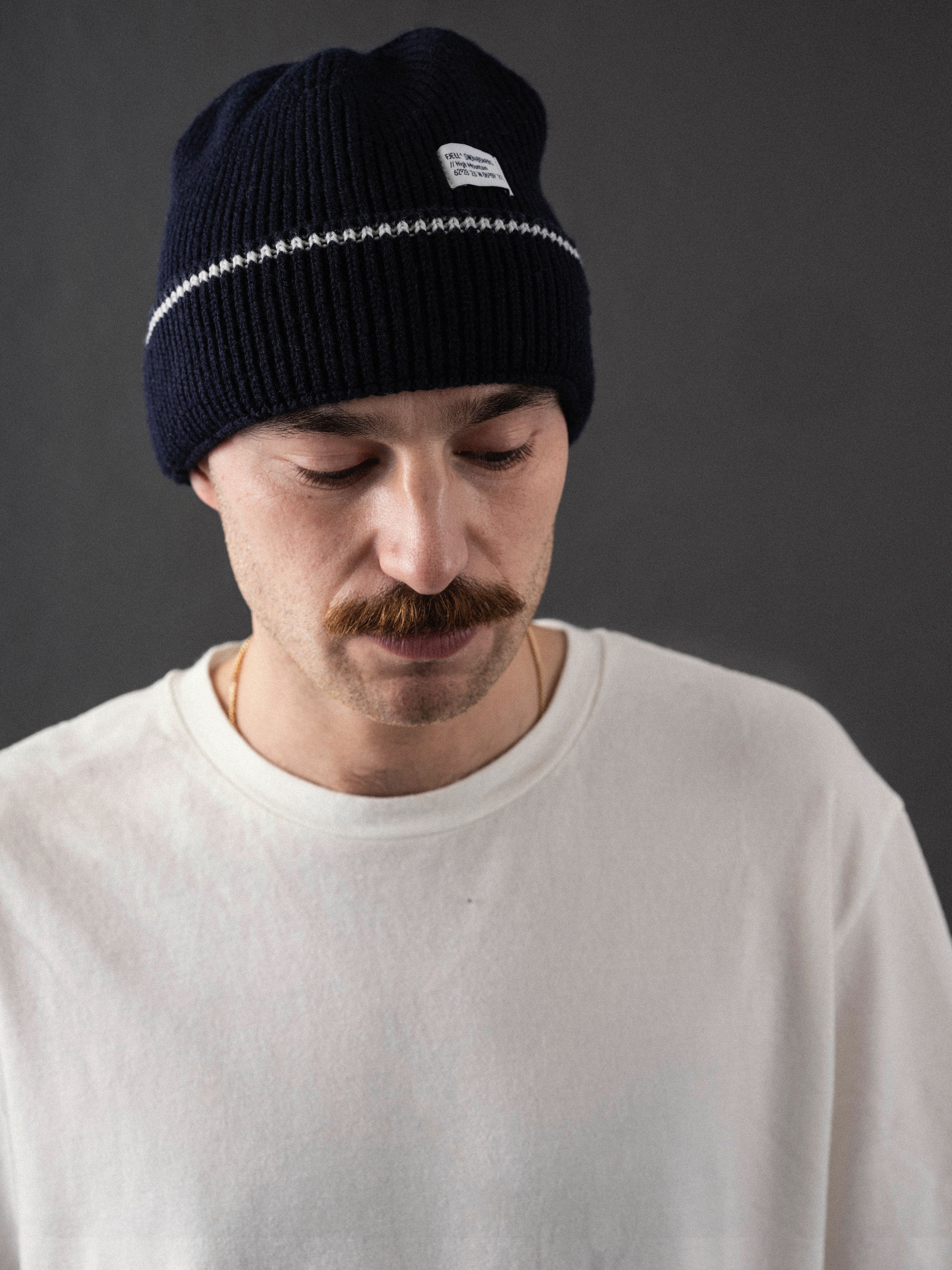 MT High Mountain Merino Wool Tech Knit Beanie Navy / White Stripe
