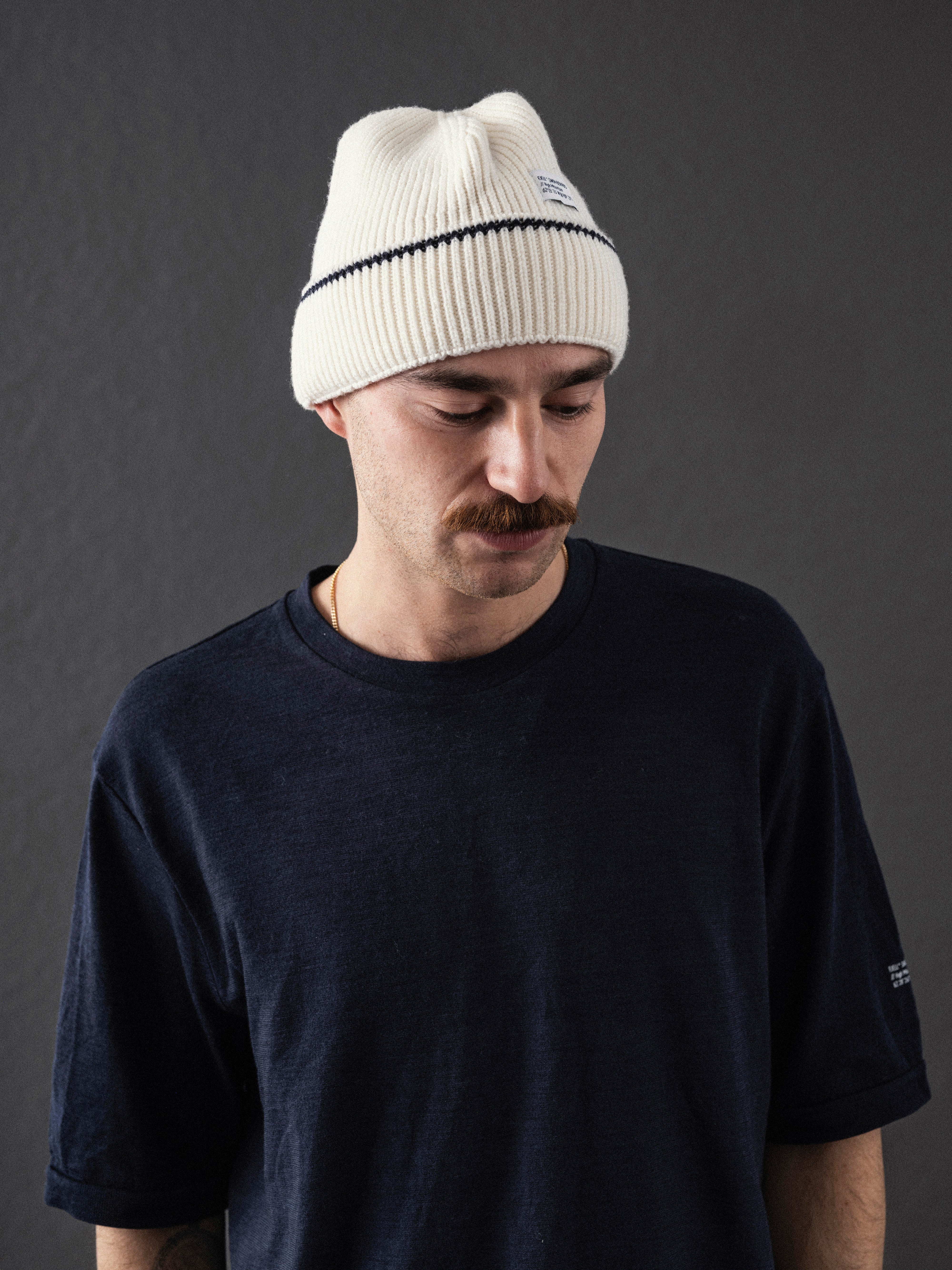 MT High Mountain Merino Wool Tech Knit Beanie White / Navy Stripe